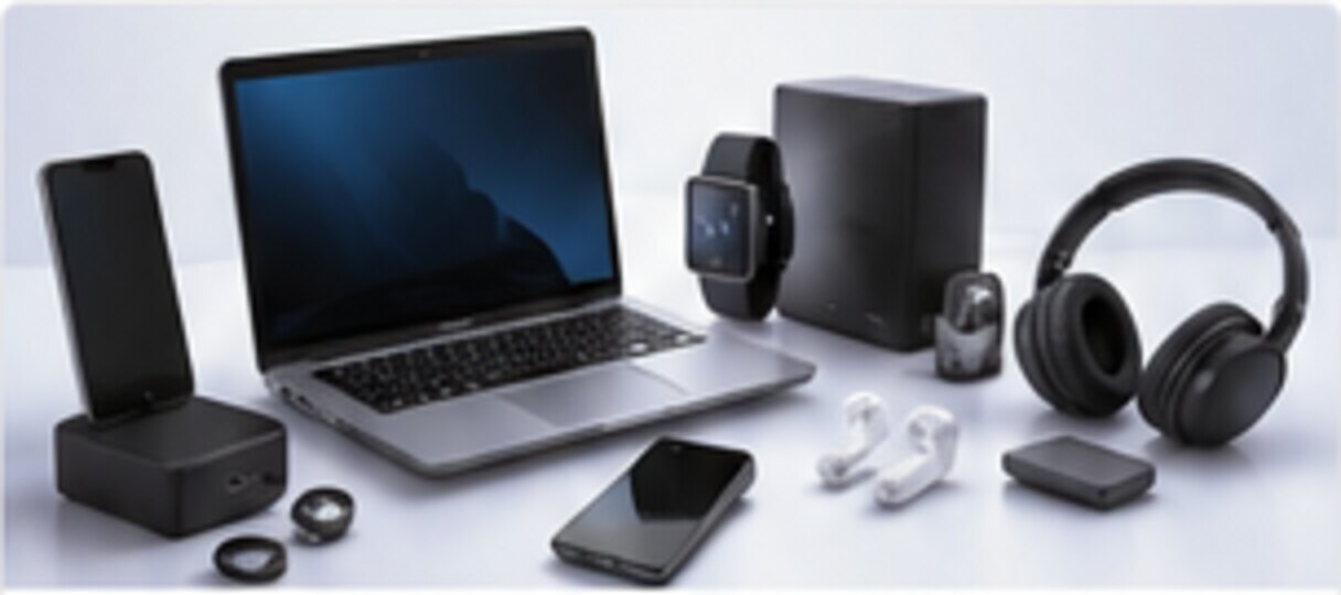 Laptop, headphones, smartphone and electronic accessories